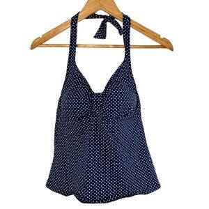 Lands' End Swim Top Blue White Polka Dot Halter Tankini Swimwear 8DDD